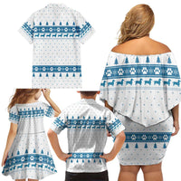 Dachshund Dog Tree Stack Family Matching Off Shoulder Short Dress and Hawaiian Shirt with Blue White Paw Print Pattern Design - Wonder Print Shop