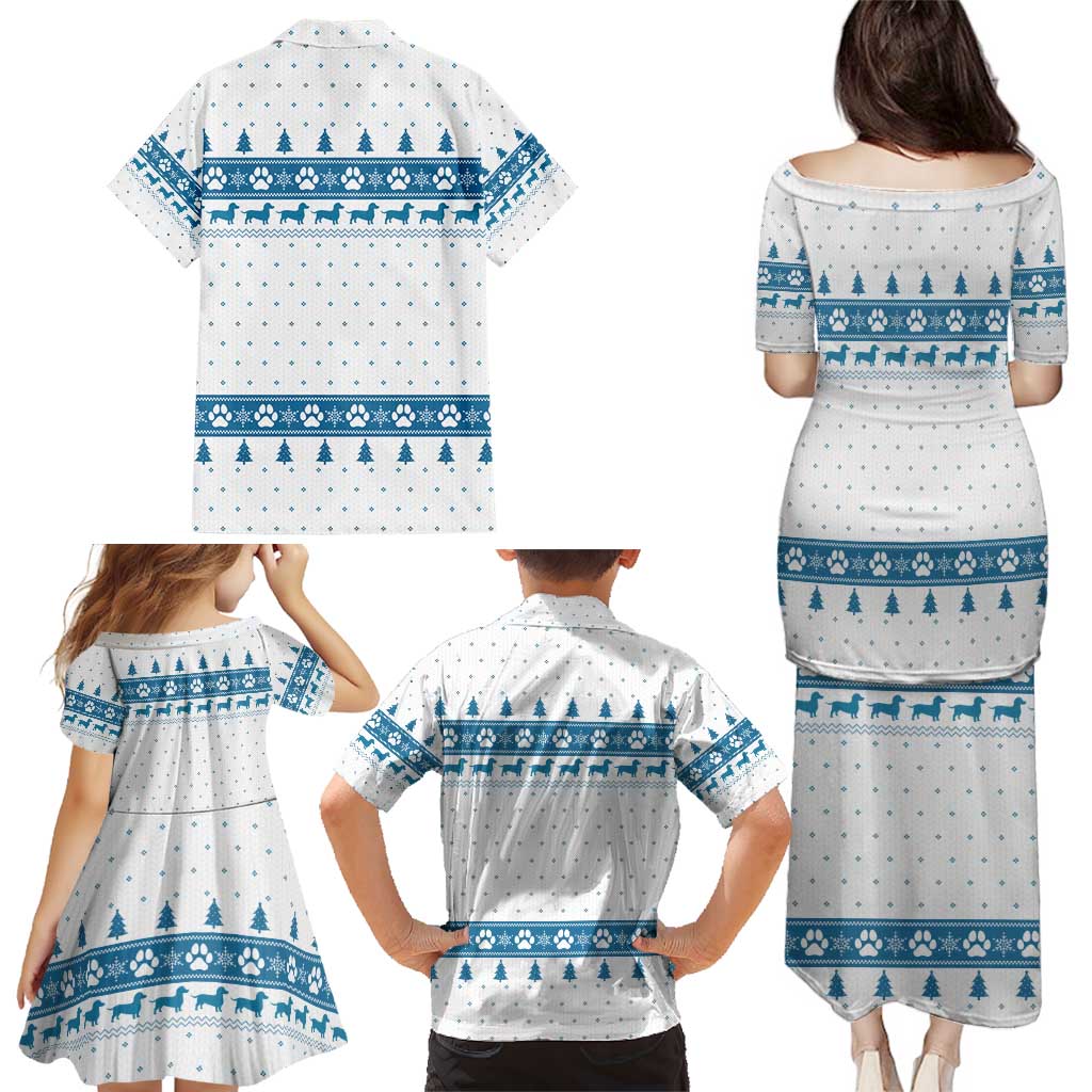 Dachshund Dog Tree Stack Family Matching Puletasi and Hawaiian Shirt with Blue White Paw Print Pattern Design - Wonder Print Shop