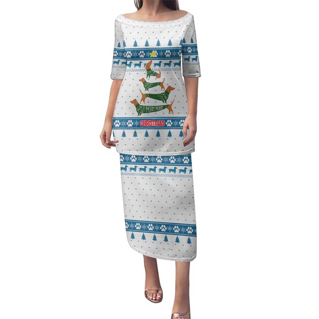 Dachshund Dog Tree Stack Family Matching Puletasi and Hawaiian Shirt with Blue White Paw Print Pattern Design - Wonder Print Shop
