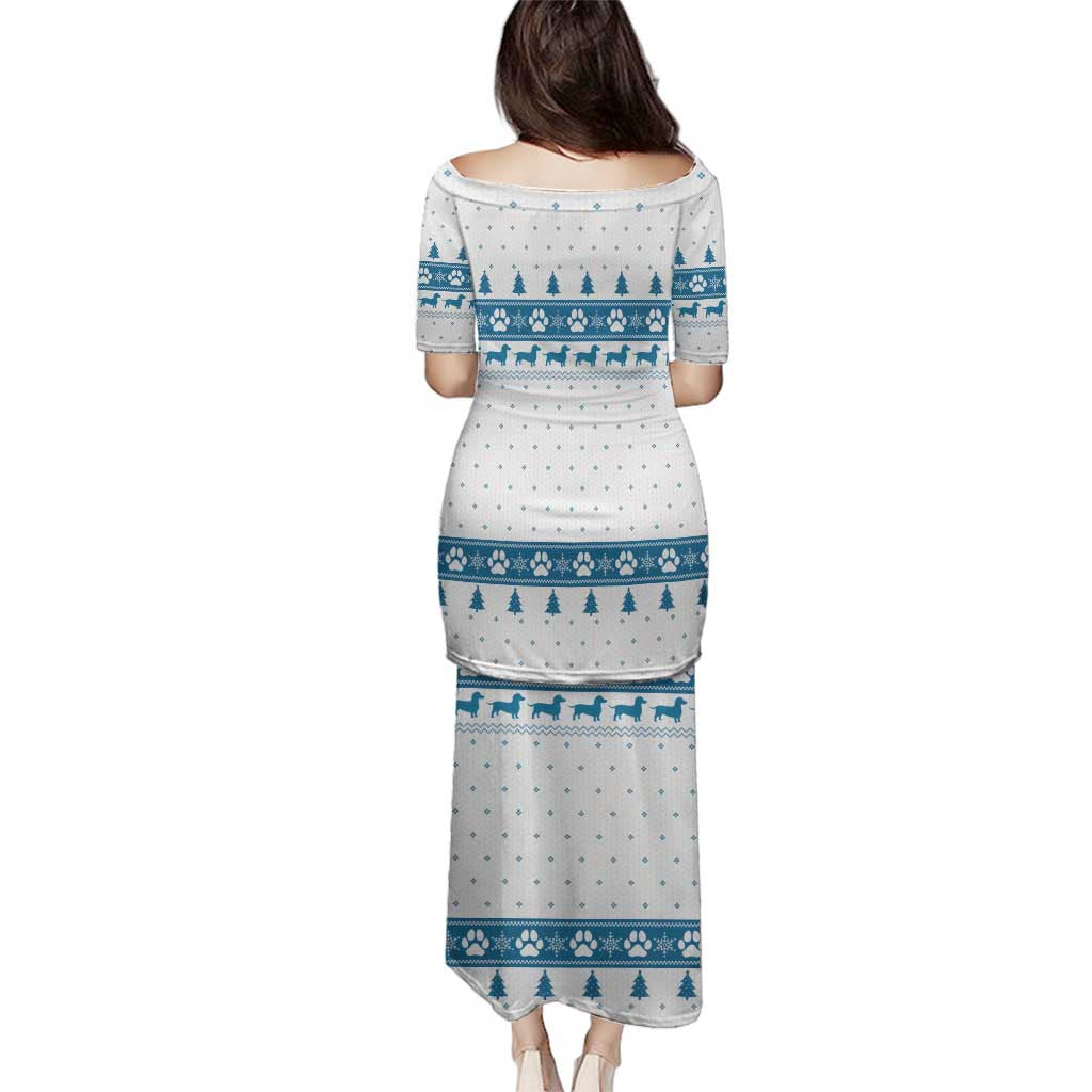 Dachshund Dog Tree Stack Family Matching Puletasi and Hawaiian Shirt with Blue White Paw Print Pattern Design - Wonder Print Shop