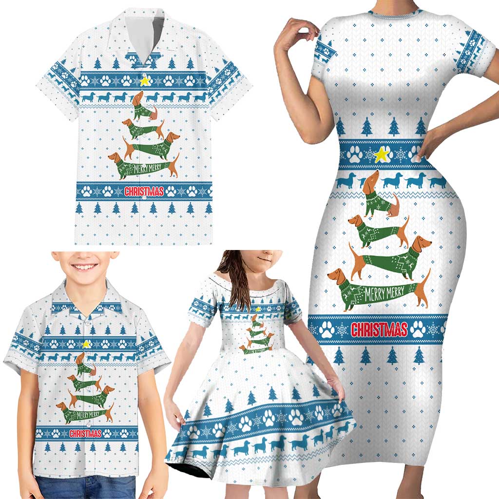 Dachshund Dog Tree Stack Family Matching Short Sleeve Bodycon Dress and Hawaiian Shirt with Blue White Paw Print Pattern Design - Wonder Print Shop