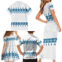 Dachshund Dog Tree Stack Family Matching Short Sleeve Bodycon Dress and Hawaiian Shirt with Blue White Paw Print Pattern Design - Wonder Print Shop