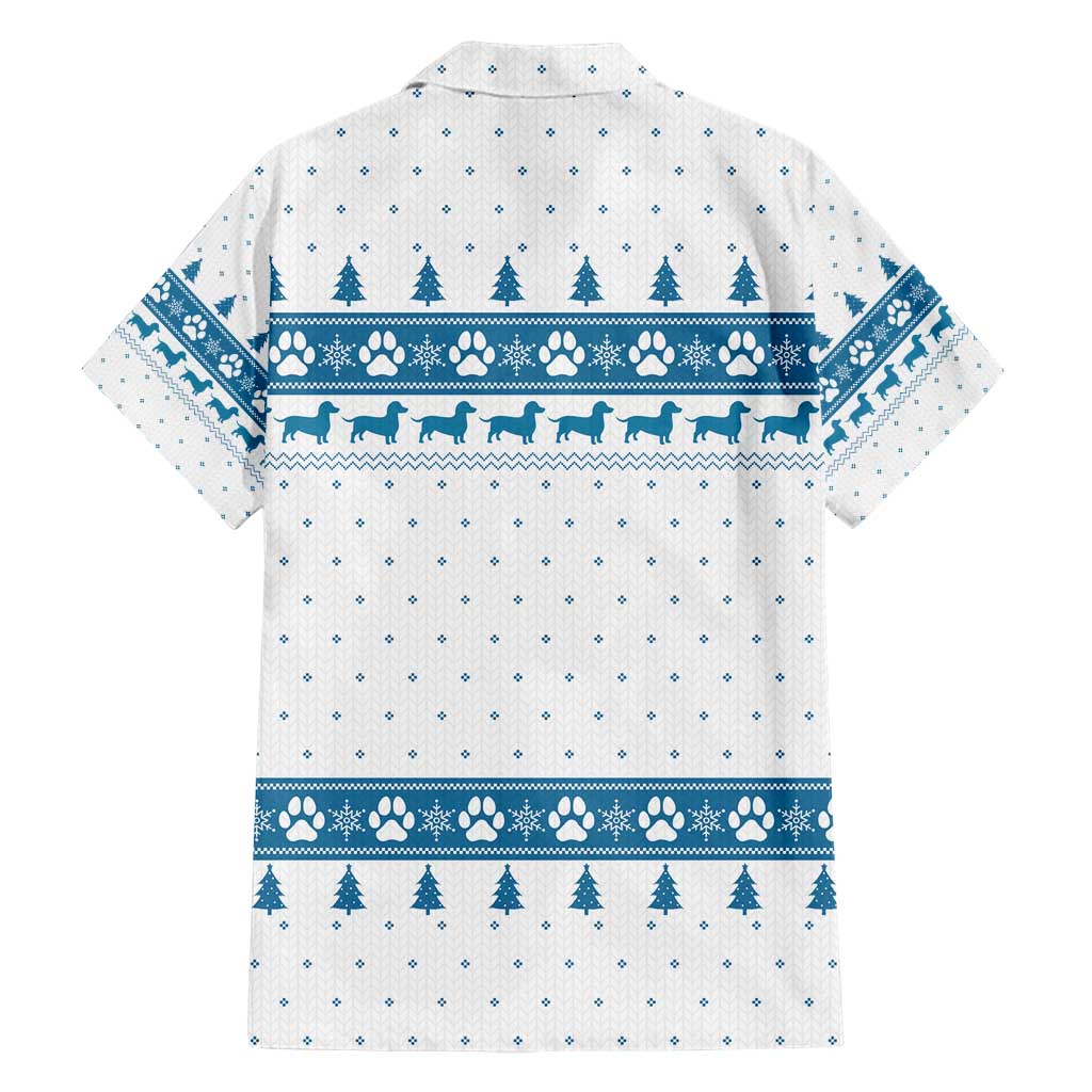 Dachshund Dog Tree Stack Family Matching Short Sleeve Bodycon Dress and Hawaiian Shirt with Blue White Paw Print Pattern Design - Wonder Print Shop