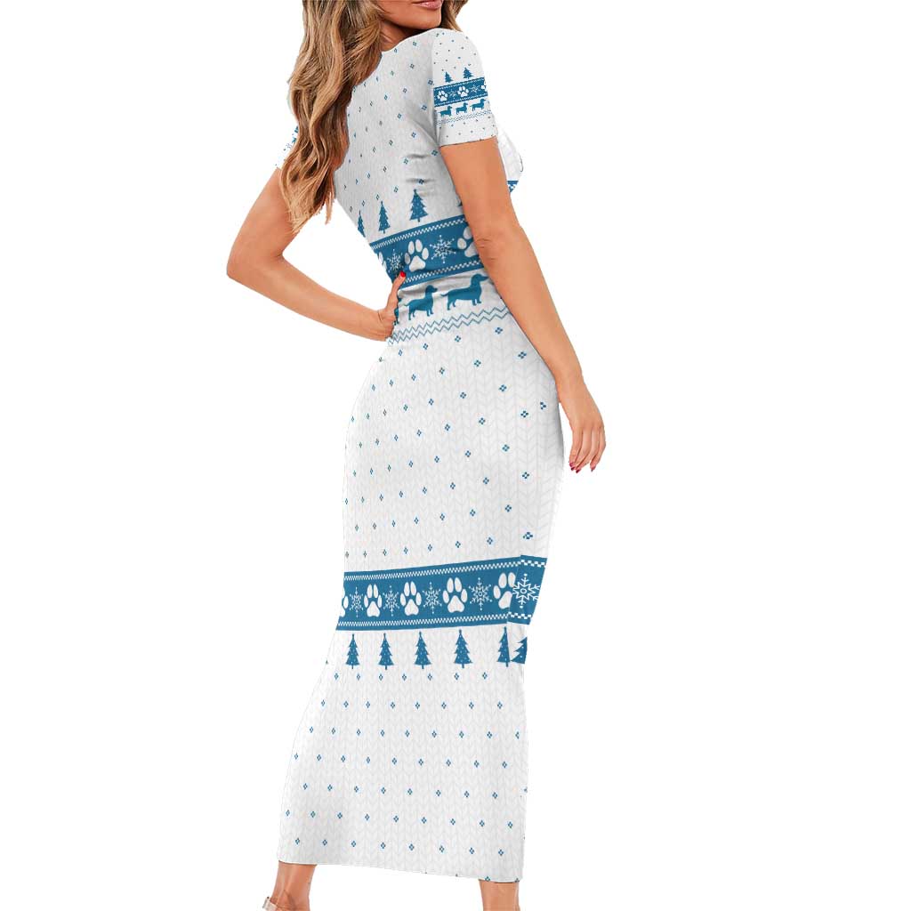 Dachshund Dog Tree Stack Family Matching Short Sleeve Bodycon Dress and Hawaiian Shirt with Blue White Paw Print Pattern Design - Wonder Print Shop