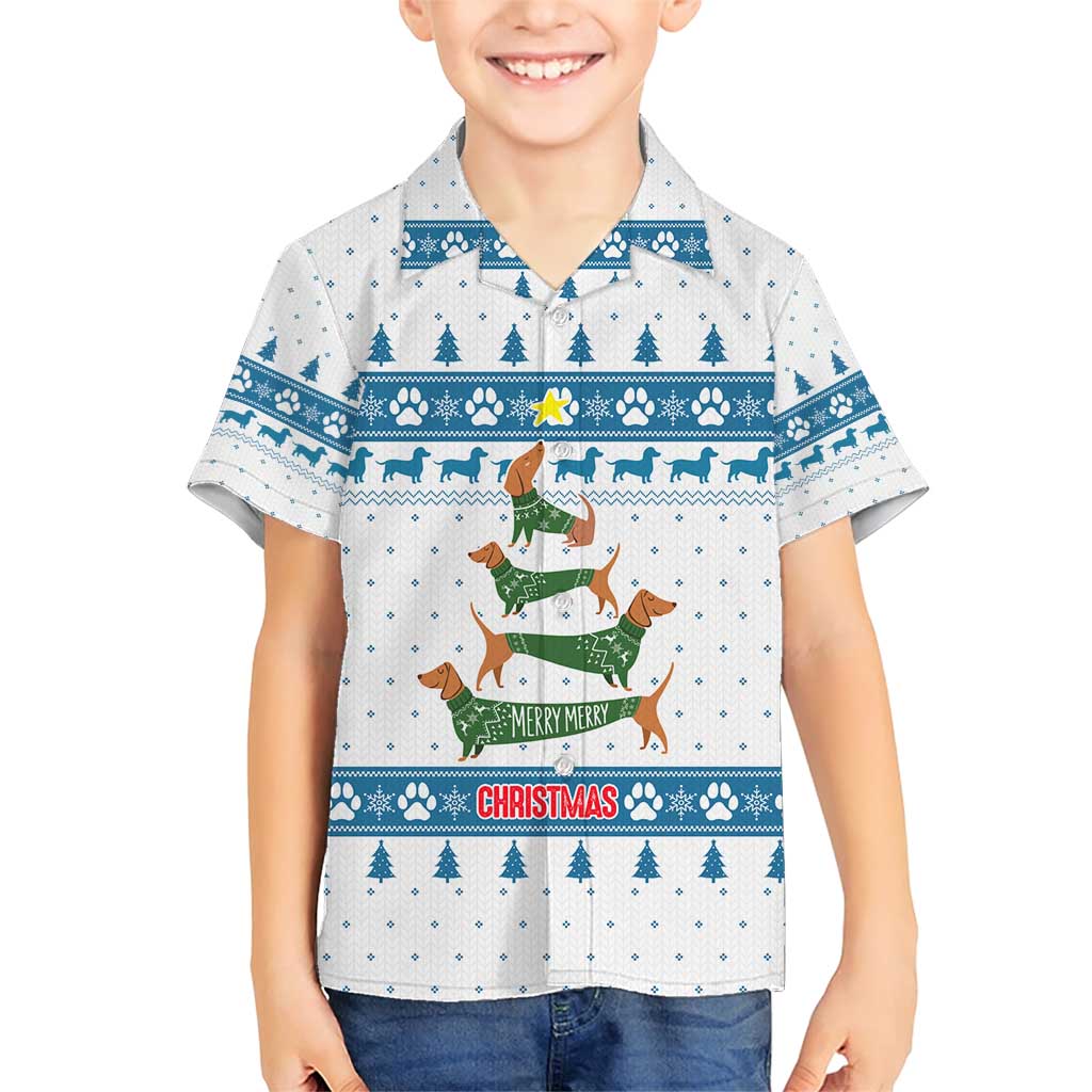 Dachshund Dog Tree Stack Family Matching Short Sleeve Bodycon Dress and Hawaiian Shirt with Blue White Paw Print Pattern Design - Wonder Print Shop