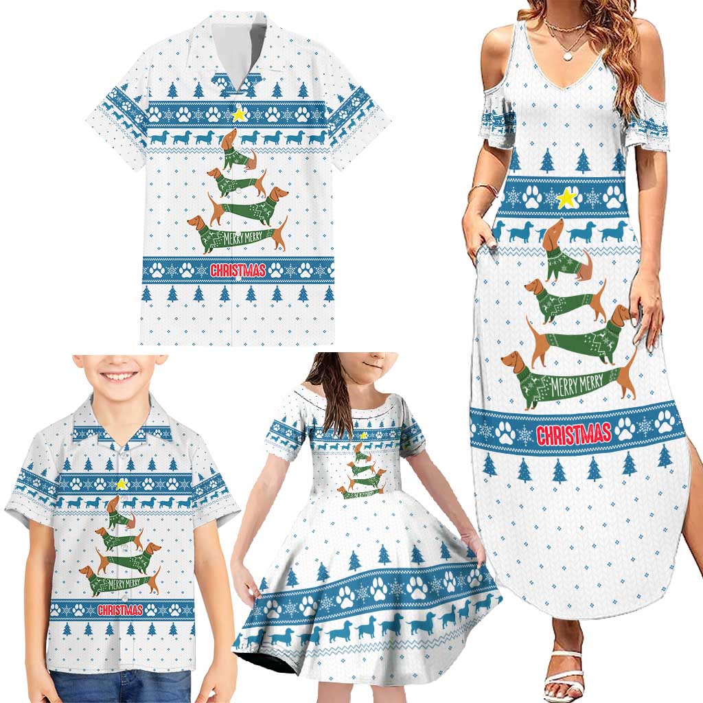 Dachshund Dog Tree Stack Family Matching Summer Maxi Dress and Hawaiian Shirt with Blue White Paw Print Pattern Design - Wonder Print Shop