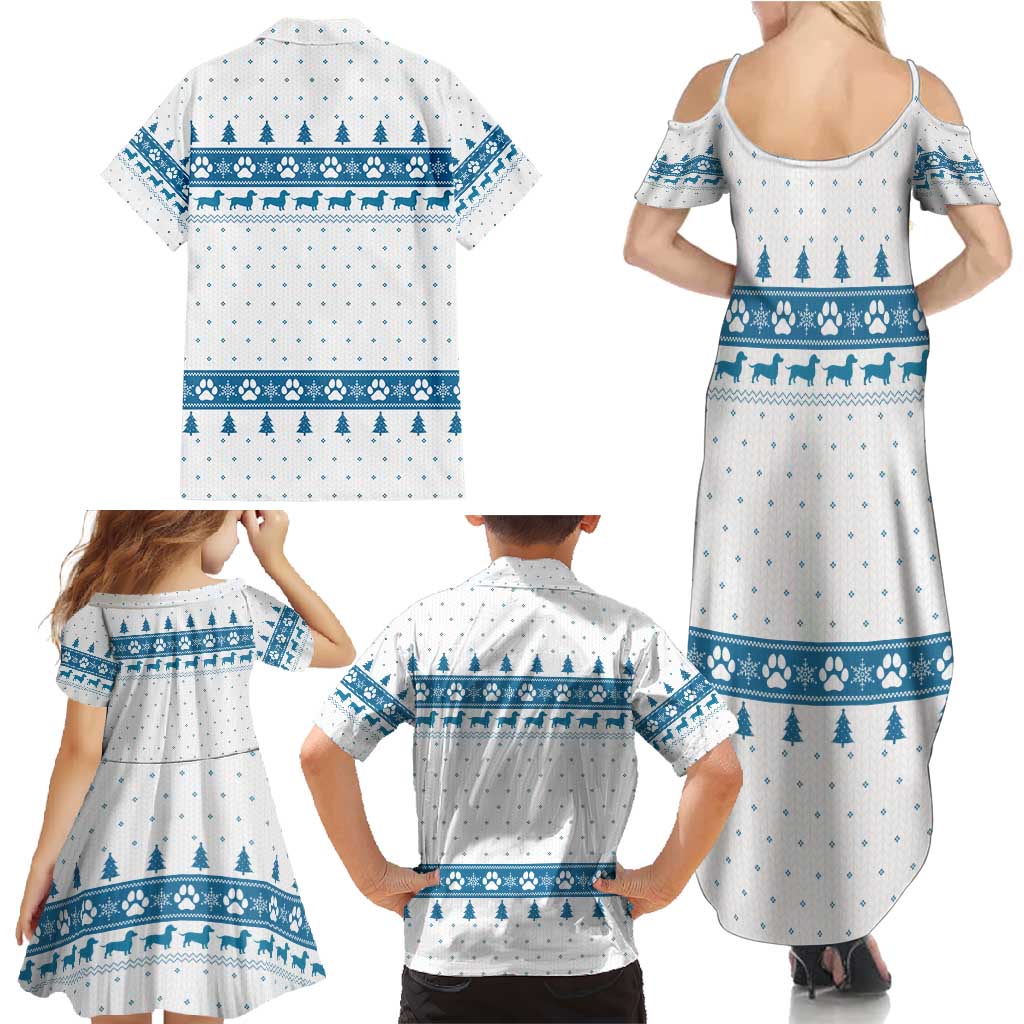 Dachshund Dog Tree Stack Family Matching Summer Maxi Dress and Hawaiian Shirt with Blue White Paw Print Pattern Design - Wonder Print Shop