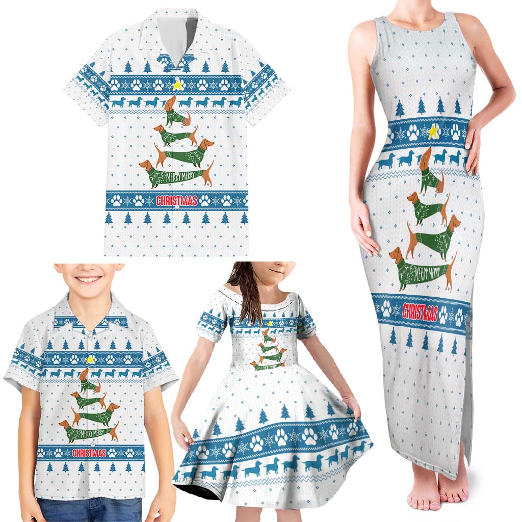 Dachshund Dog Tree Stack Family Matching Tank Maxi Dress and Hawaiian Shirt with Blue White Paw Print Pattern Design - Wonder Print Shop