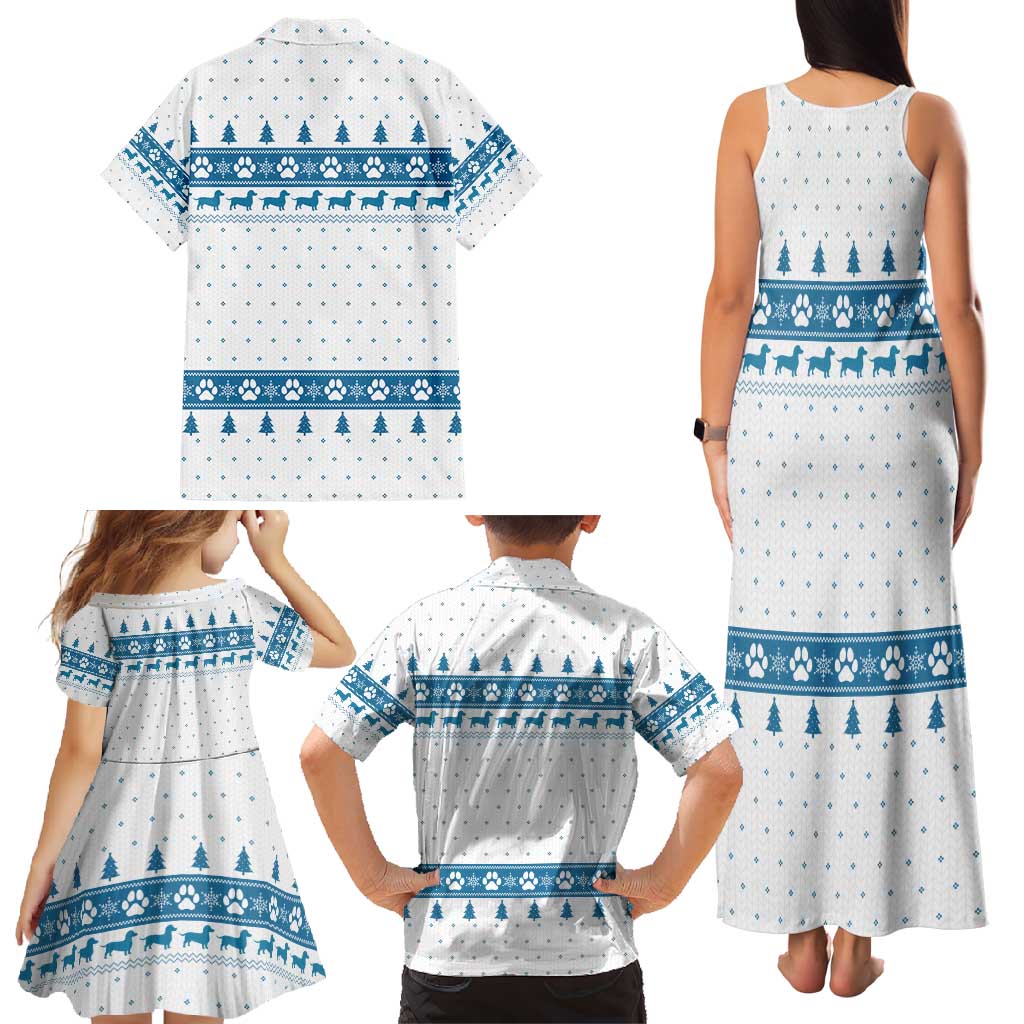 Dachshund Dog Tree Stack Family Matching Tank Maxi Dress and Hawaiian Shirt with Blue White Paw Print Pattern Design - Wonder Print Shop