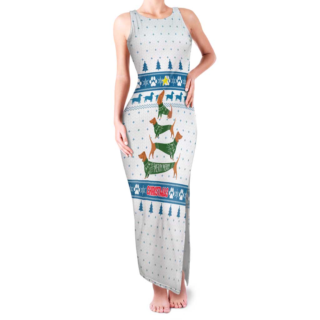 Dachshund Dog Tree Stack Family Matching Tank Maxi Dress and Hawaiian Shirt with Blue White Paw Print Pattern Design - Wonder Print Shop
