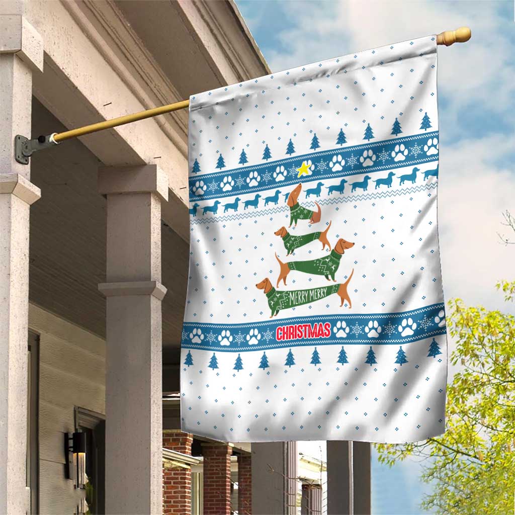 Dachshund Dog Tree Stack Garden Flag with Blue White Paw Print Pattern Design - Wonder Print Shop