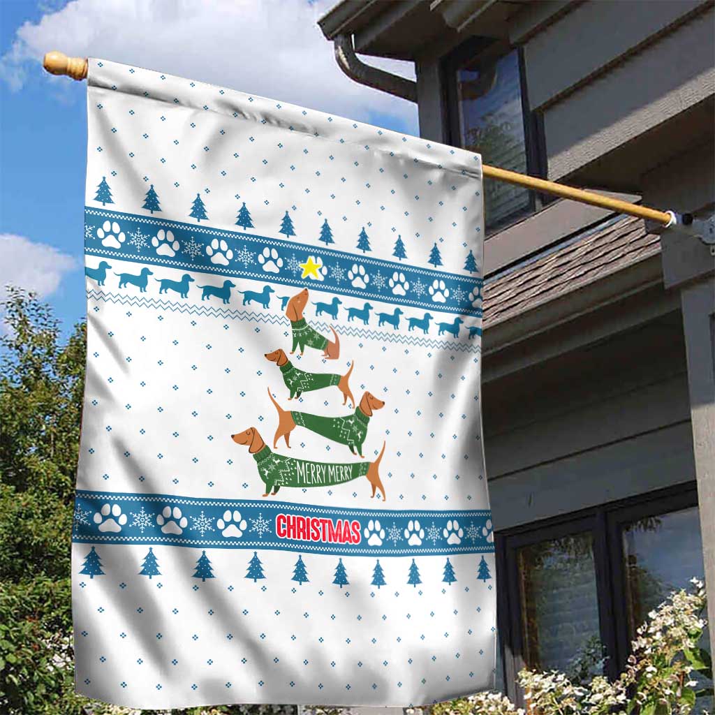Dachshund Dog Tree Stack Garden Flag with Blue White Paw Print Pattern Design - Wonder Print Shop