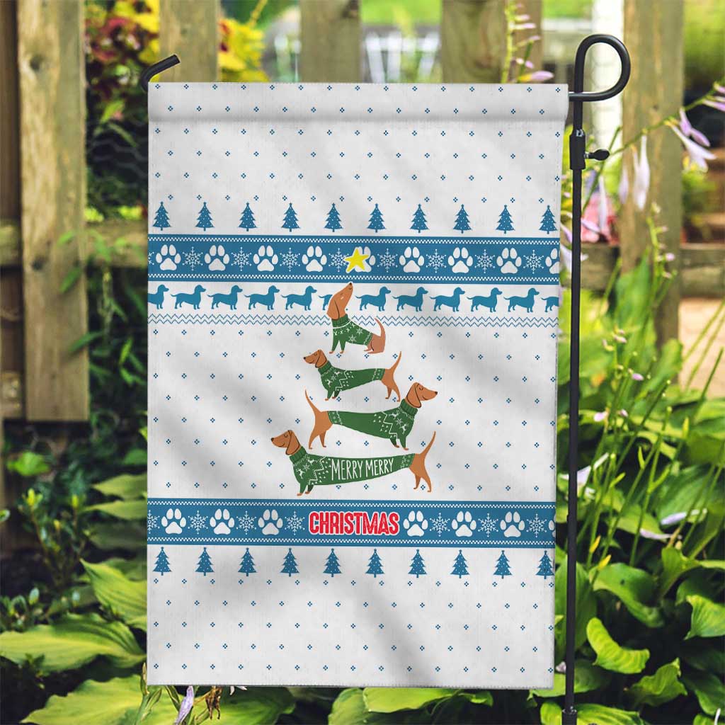 Dachshund Dog Tree Stack Garden Flag with Blue White Paw Print Pattern Design - Wonder Print Shop