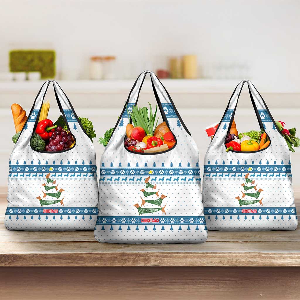 Dachshund Dog Tree Stack Grocery Bag with Blue White Paw Print Pattern Design - Wonder Print Shop