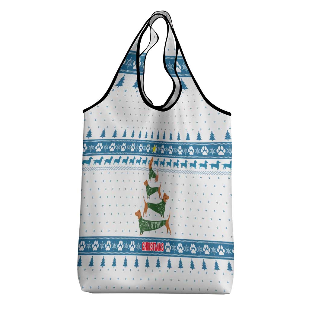 Dachshund Dog Tree Stack Grocery Bag with Blue White Paw Print Pattern Design - Wonder Print Shop