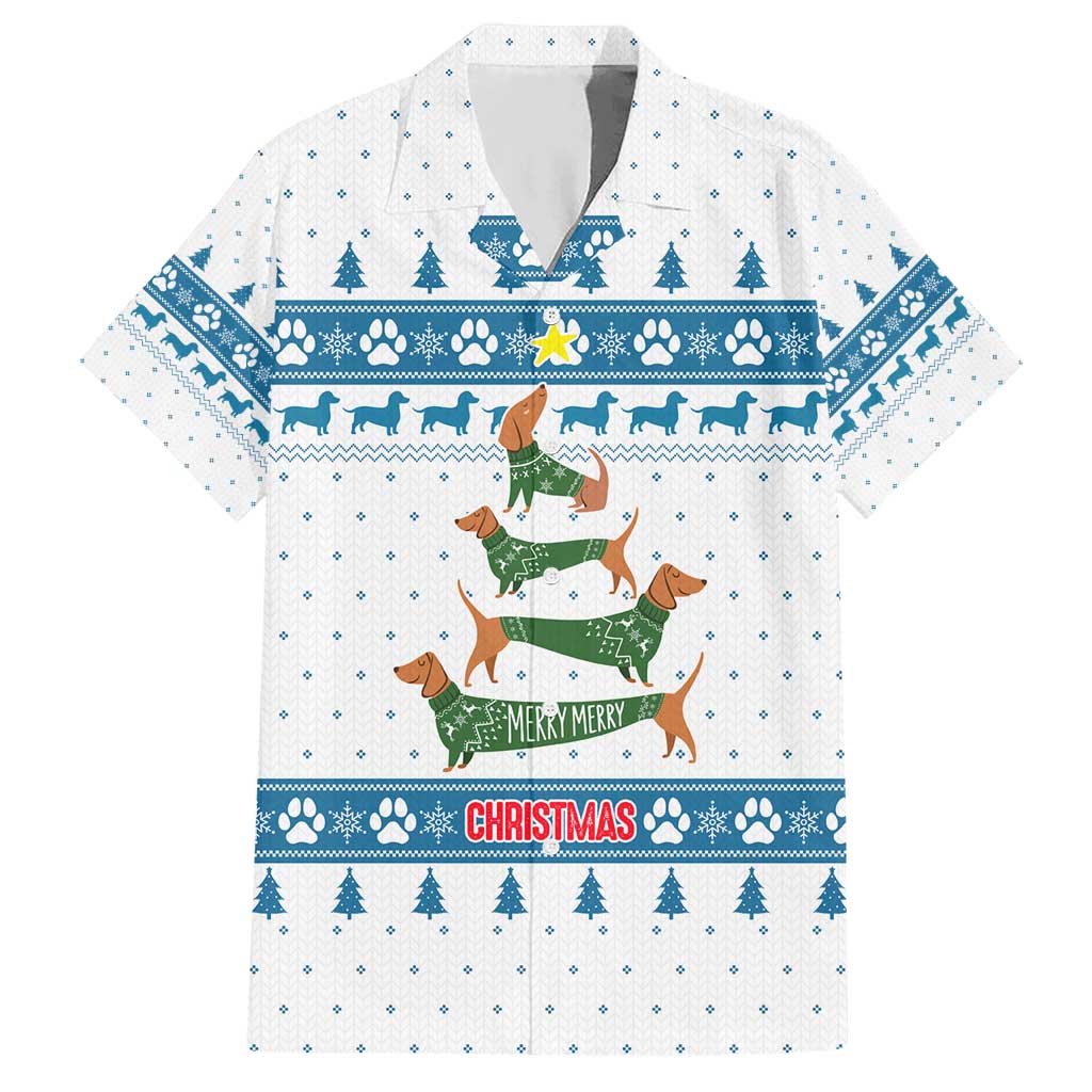 Dachshund Dog Tree Stack Hawaiian Shirt with Blue White Paw Print Pattern Design - Wonder Print Shop