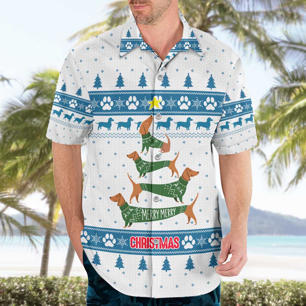 Dachshund Dog Tree Stack Hawaiian Shirt with Blue White Paw Print Pattern Design - Wonder Print Shop