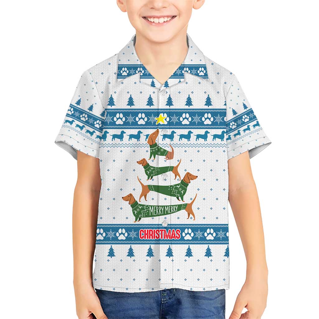 Dachshund Dog Tree Stack Hawaiian Shirt with Blue White Paw Print Pattern Design - Wonder Print Shop