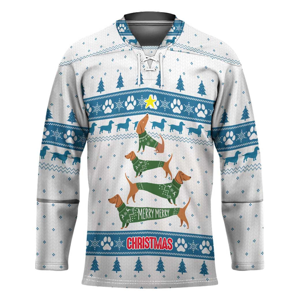 Dachshund Dog Tree Stack Hockey Jersey with Blue White Paw Print Pattern Design - Wonder Print Shop