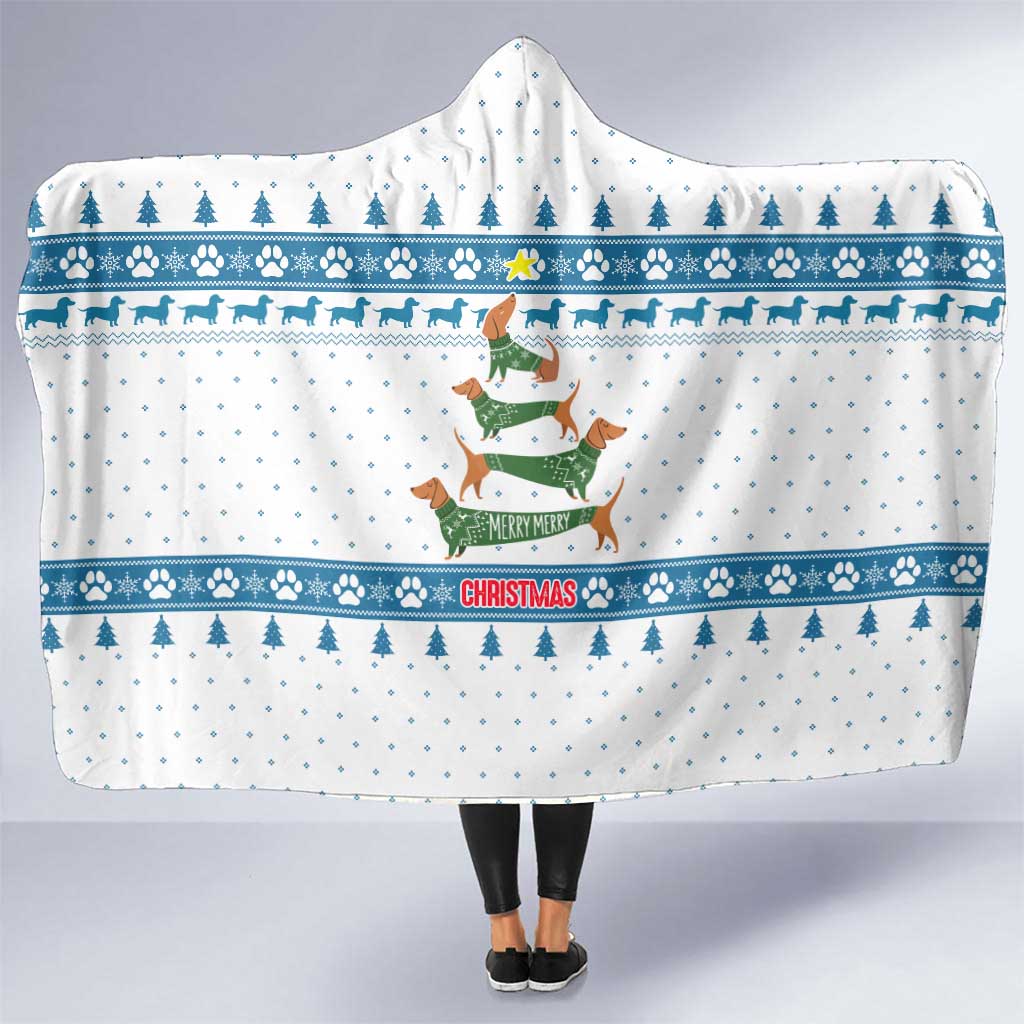 Dachshund Dog Tree Stack Hooded Blanket with Blue White Paw Print Pattern Design - Wonder Print Shop