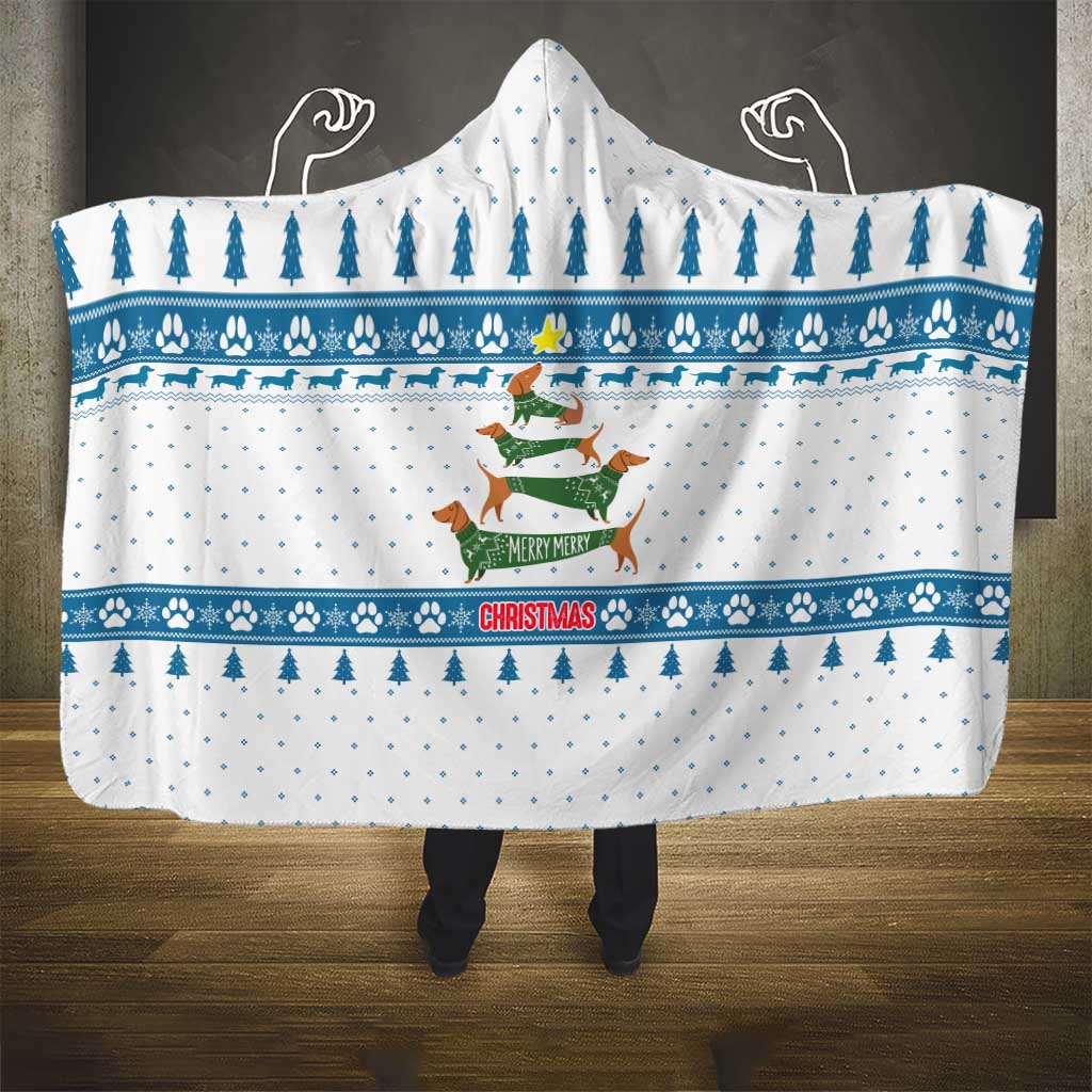 Dachshund Dog Tree Stack Hooded Blanket with Blue White Paw Print Pattern Design - Wonder Print Shop