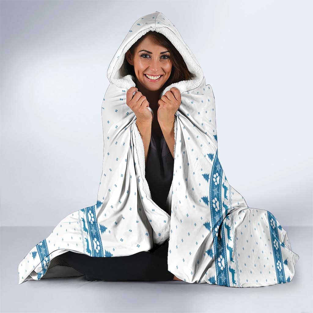 Dachshund Dog Tree Stack Hooded Blanket with Blue White Paw Print Pattern Design - Wonder Print Shop