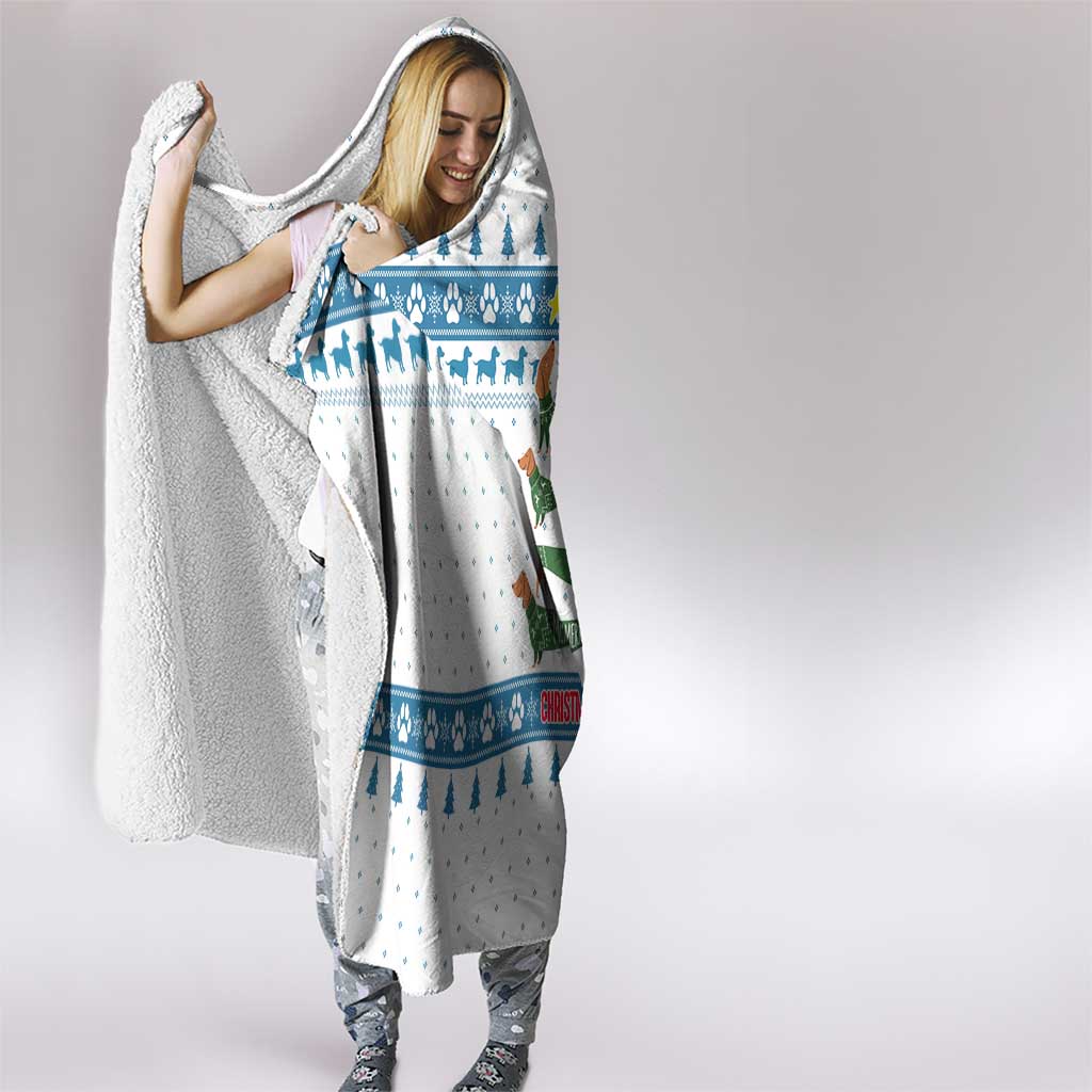 Dachshund Dog Tree Stack Hooded Blanket with Blue White Paw Print Pattern Design - Wonder Print Shop