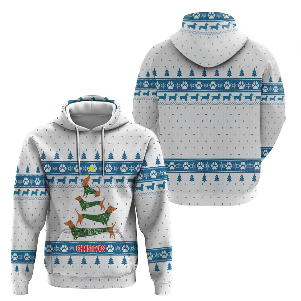 Dachshund Dog Tree Stack Hoodie with Blue White Paw Print Pattern Design - Wonder Print Shop