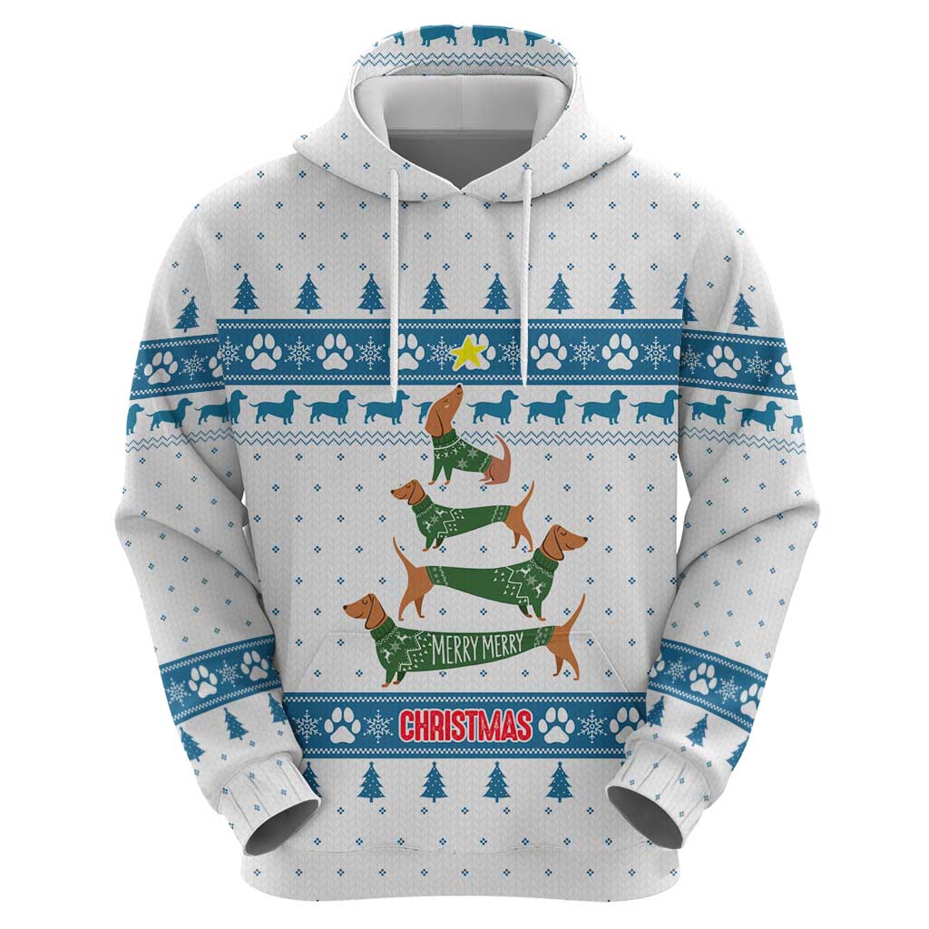 Dachshund Dog Tree Stack Hoodie with Blue White Paw Print Pattern Design - Wonder Print Shop