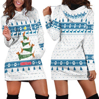 Dachshund Dog Tree Stack Hoodie Dress with Blue White Paw Print Pattern Design - Wonder Print Shop
