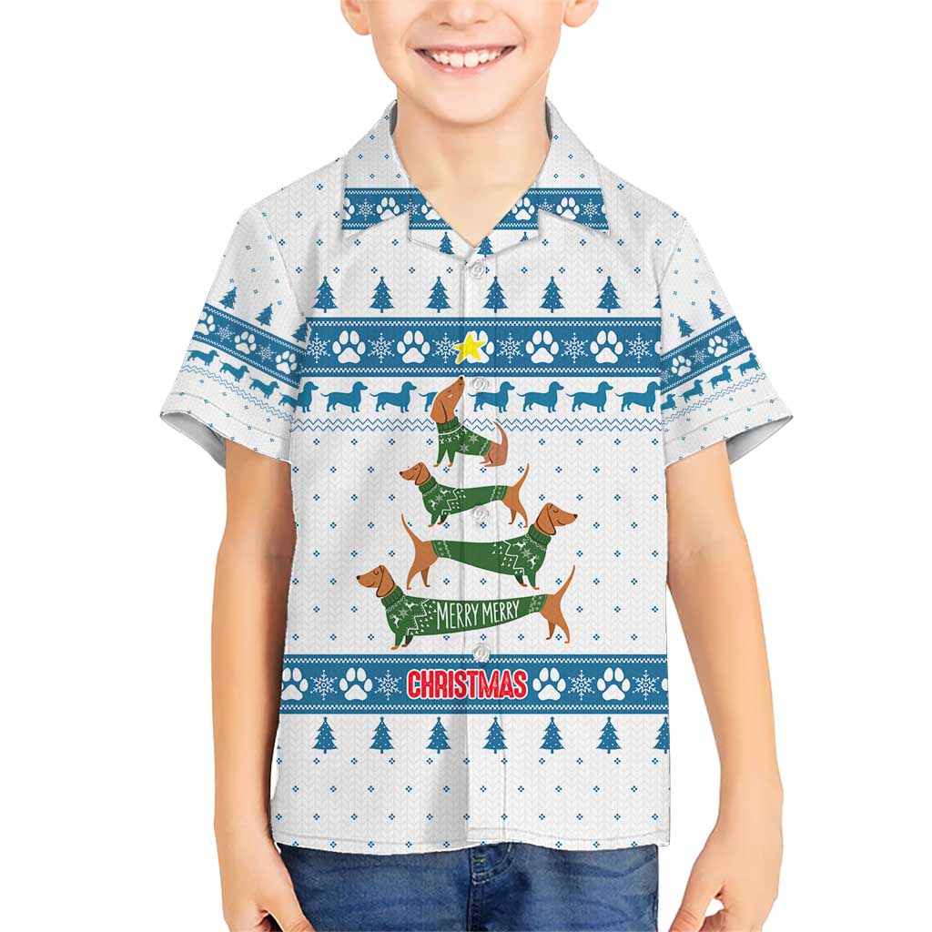 Dachshund Dog Tree Stack Kid Hawaiian Shirt with Blue White Paw Print Pattern Design - Wonder Print Shop