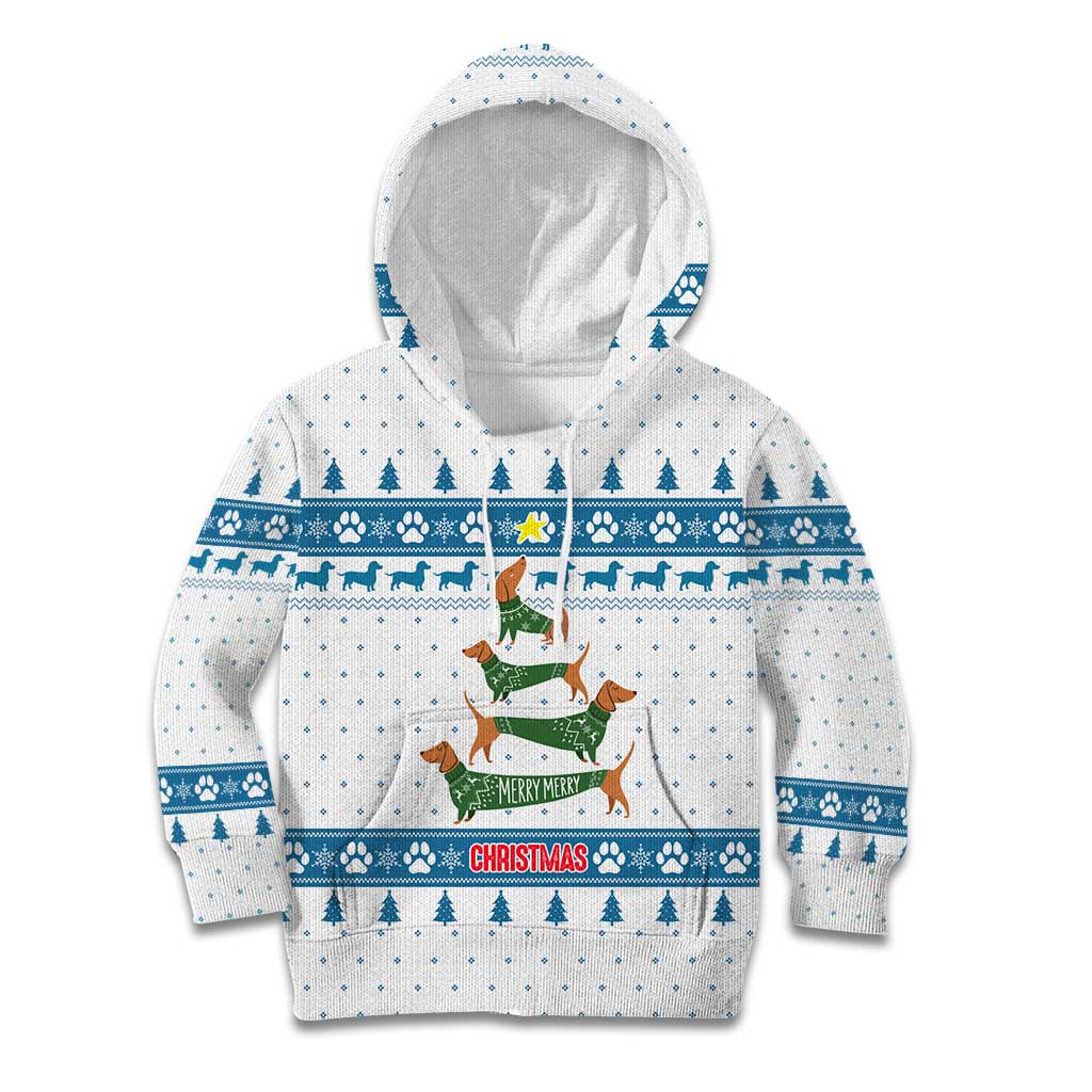 Dachshund Dog Tree Stack Kid Hoodie with Blue White Paw Print Pattern Design - Wonder Print Shop