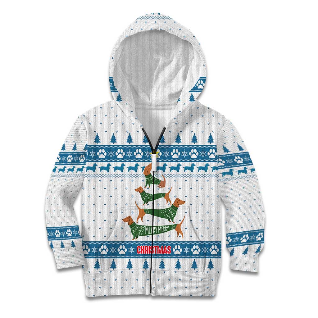 Dachshund Dog Tree Stack Kid Hoodie with Blue White Paw Print Pattern Design - Wonder Print Shop