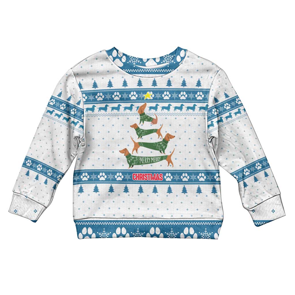 Dachshund Dog Tree Stack Kid Ugly Christmas Sweater with Blue White Paw Print Pattern Design - Wonder Print Shop