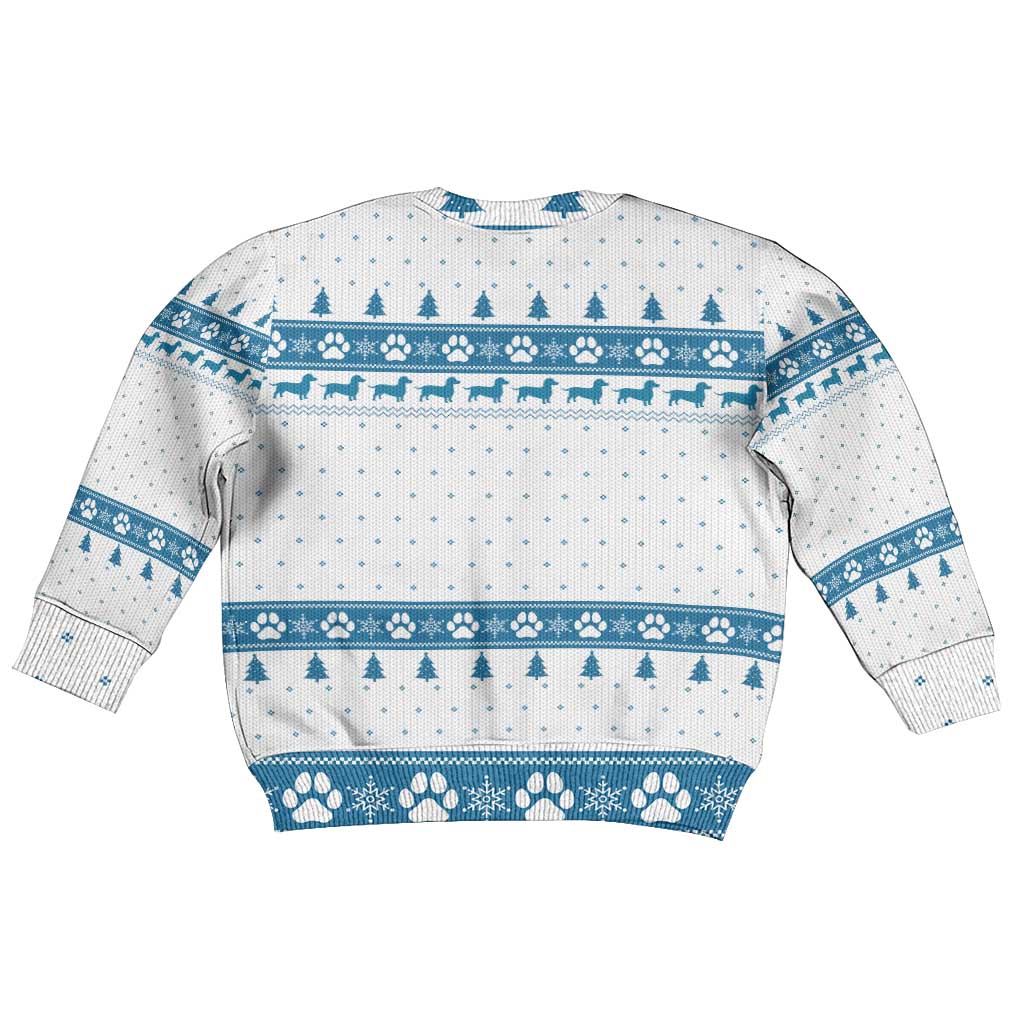 Dachshund Dog Tree Stack Kid Ugly Christmas Sweater with Blue White Paw Print Pattern Design - Wonder Print Shop