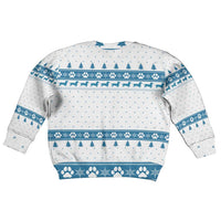 Dachshund Dog Tree Stack Kid Ugly Christmas Sweater with Blue White Paw Print Pattern Design - Wonder Print Shop