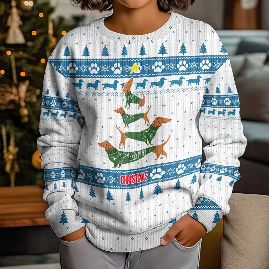 Dachshund Dog Tree Stack Kid Ugly Christmas Sweater with Blue White Paw Print Pattern Design - Wonder Print Shop