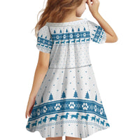 Dachshund Dog Tree Stack Kid Short Sleeve Dress with Blue White Paw Print Pattern Design - Wonder Print Shop