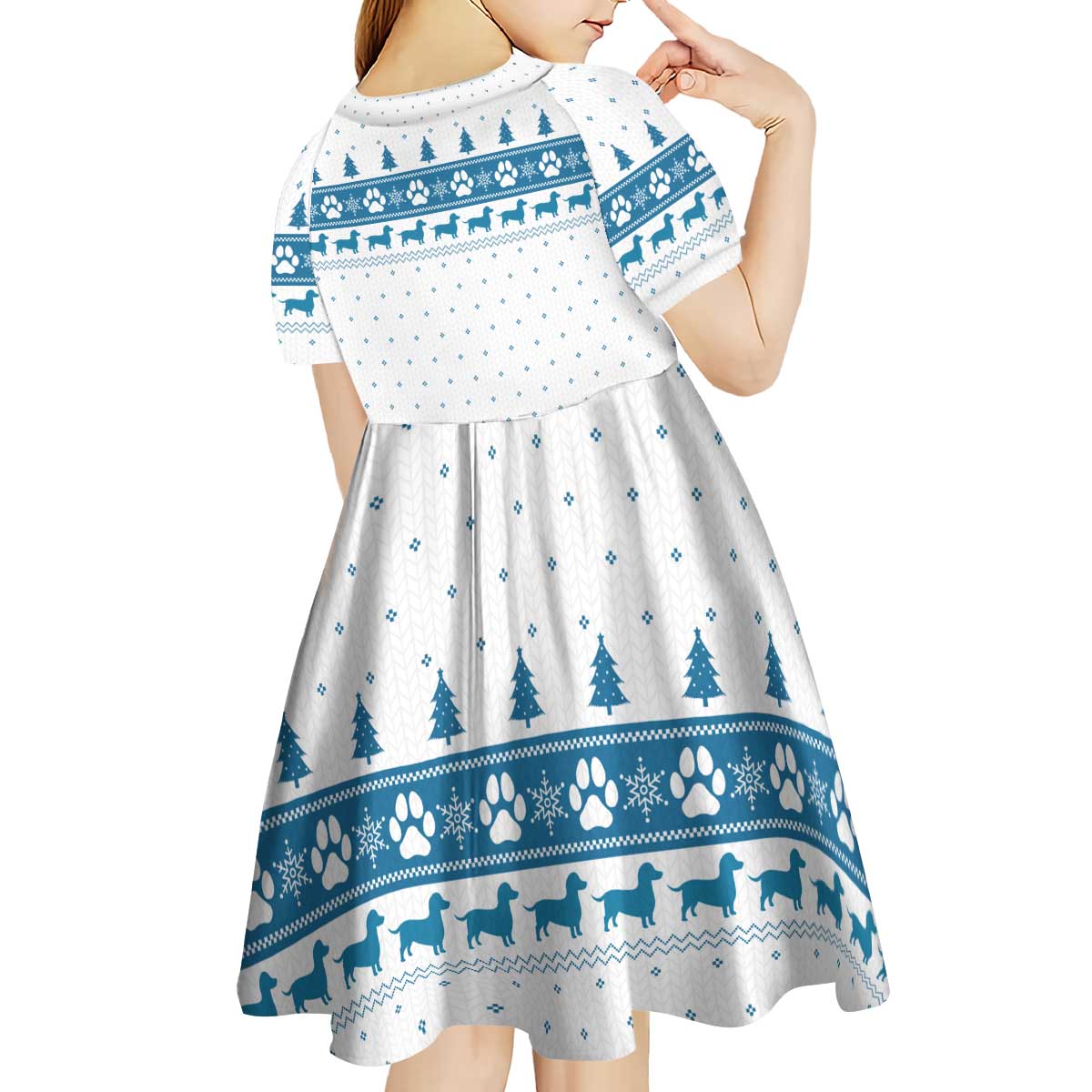 Dachshund Dog Tree Stack Kid Short Sleeve Dress with Blue White Paw Print Pattern Design - Wonder Print Shop