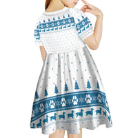 Dachshund Dog Tree Stack Kid Short Sleeve Dress with Blue White Paw Print Pattern Design - Wonder Print Shop