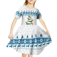 Dachshund Dog Tree Stack Kid Short Sleeve Dress with Blue White Paw Print Pattern Design - Wonder Print Shop