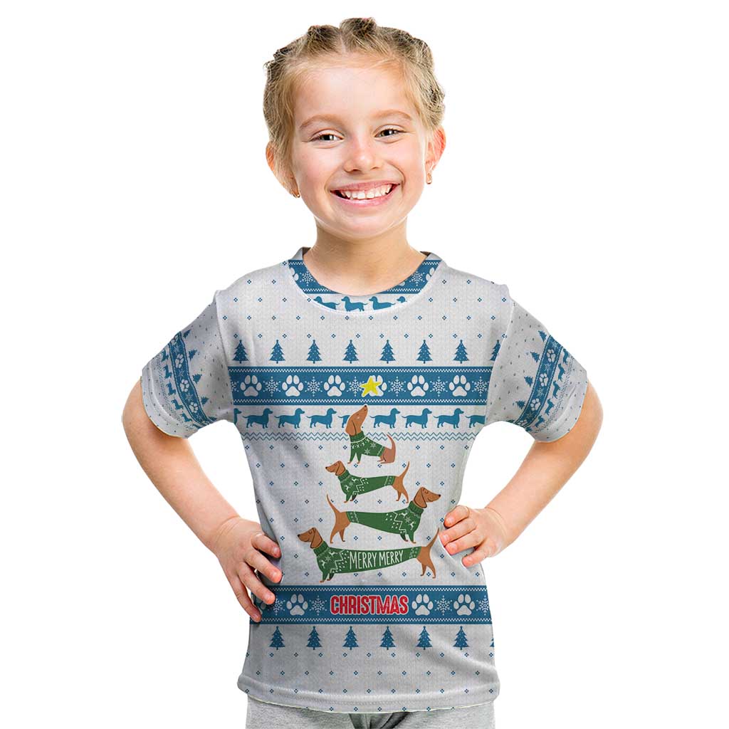 Dachshund Dog Tree Stack Kid T Shirt with Blue White Paw Print Pattern Design - Wonder Print Shop