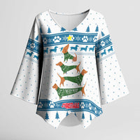 Dachshund Dog Tree Stack Kimono Sleeve Blouse with Blue White Paw Print Pattern Design - Wonder Print Shop