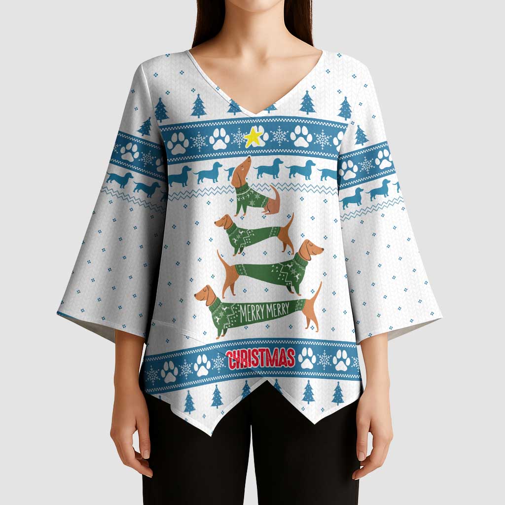 Dachshund Dog Tree Stack Kimono Sleeve Blouse with Blue White Paw Print Pattern Design - Wonder Print Shop