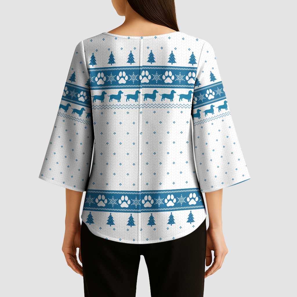 Dachshund Dog Tree Stack Kimono Sleeve Blouse with Blue White Paw Print Pattern Design - Wonder Print Shop