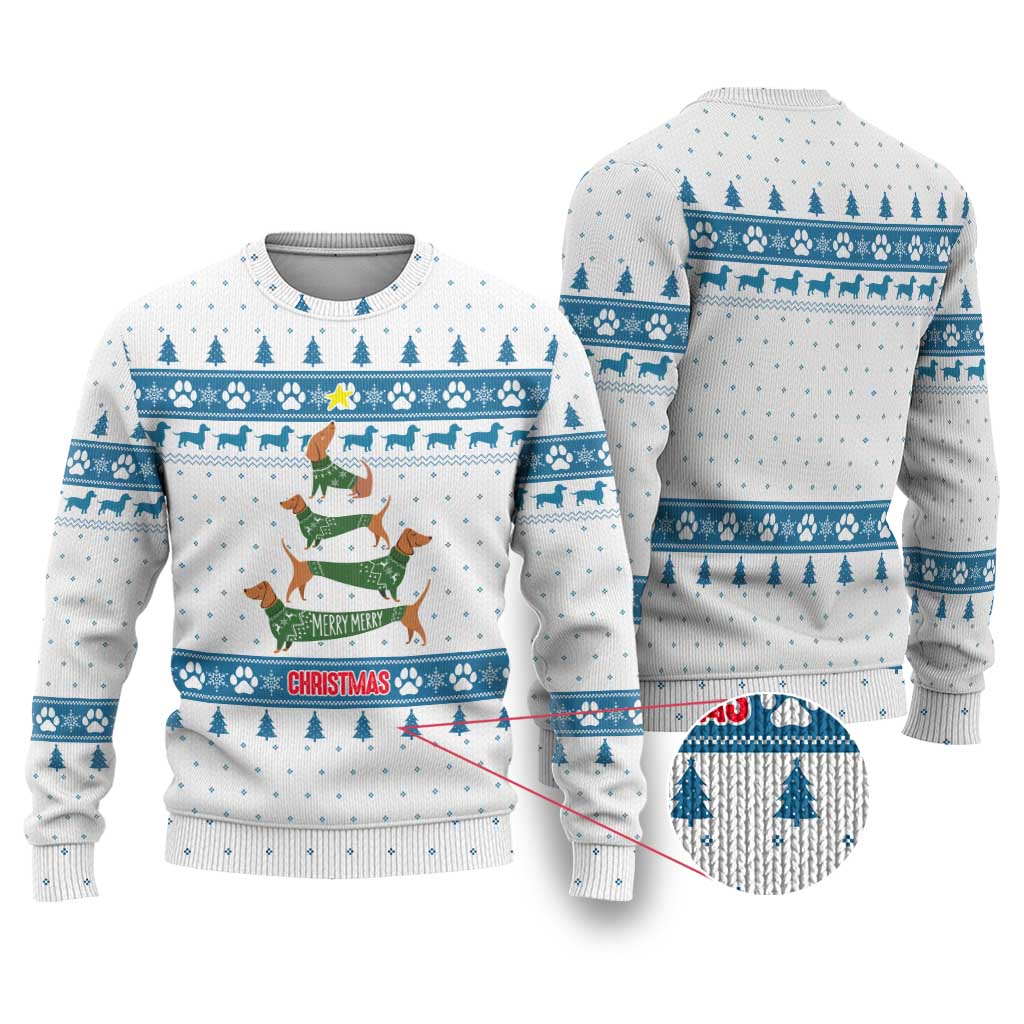 Dachshund Dog Tree Stack Ugly Christmas Sweater with Blue White Paw Print Pattern Design - Wonder Print Shop