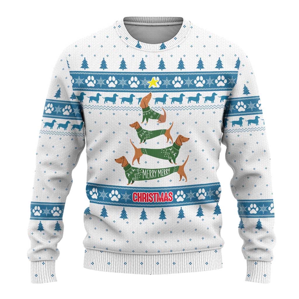 Dachshund Dog Tree Stack Ugly Christmas Sweater with Blue White Paw Print Pattern Design - Wonder Print Shop