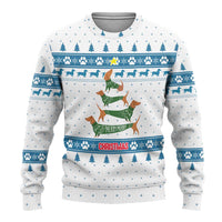 Dachshund Dog Tree Stack Ugly Christmas Sweater with Blue White Paw Print Pattern Design - Wonder Print Shop