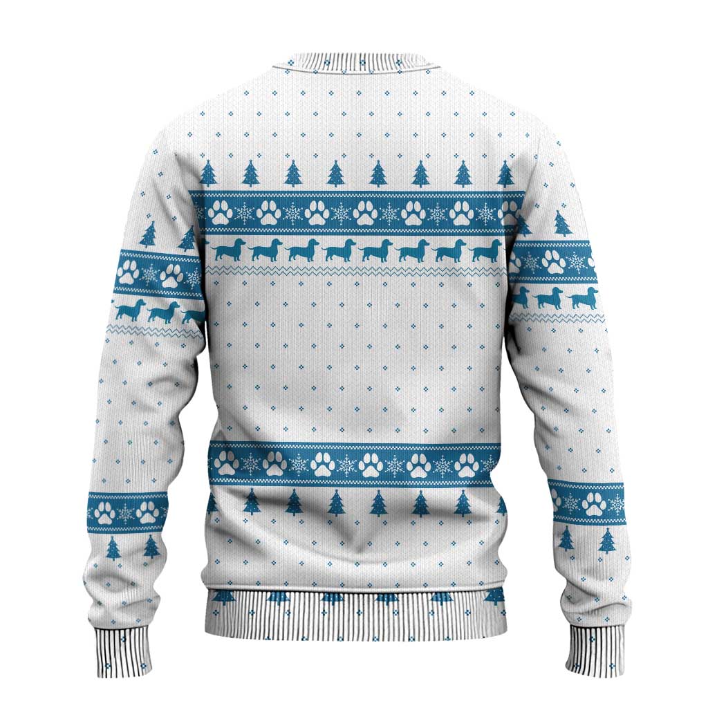Dachshund Dog Tree Stack Ugly Christmas Sweater with Blue White Paw Print Pattern Design - Wonder Print Shop