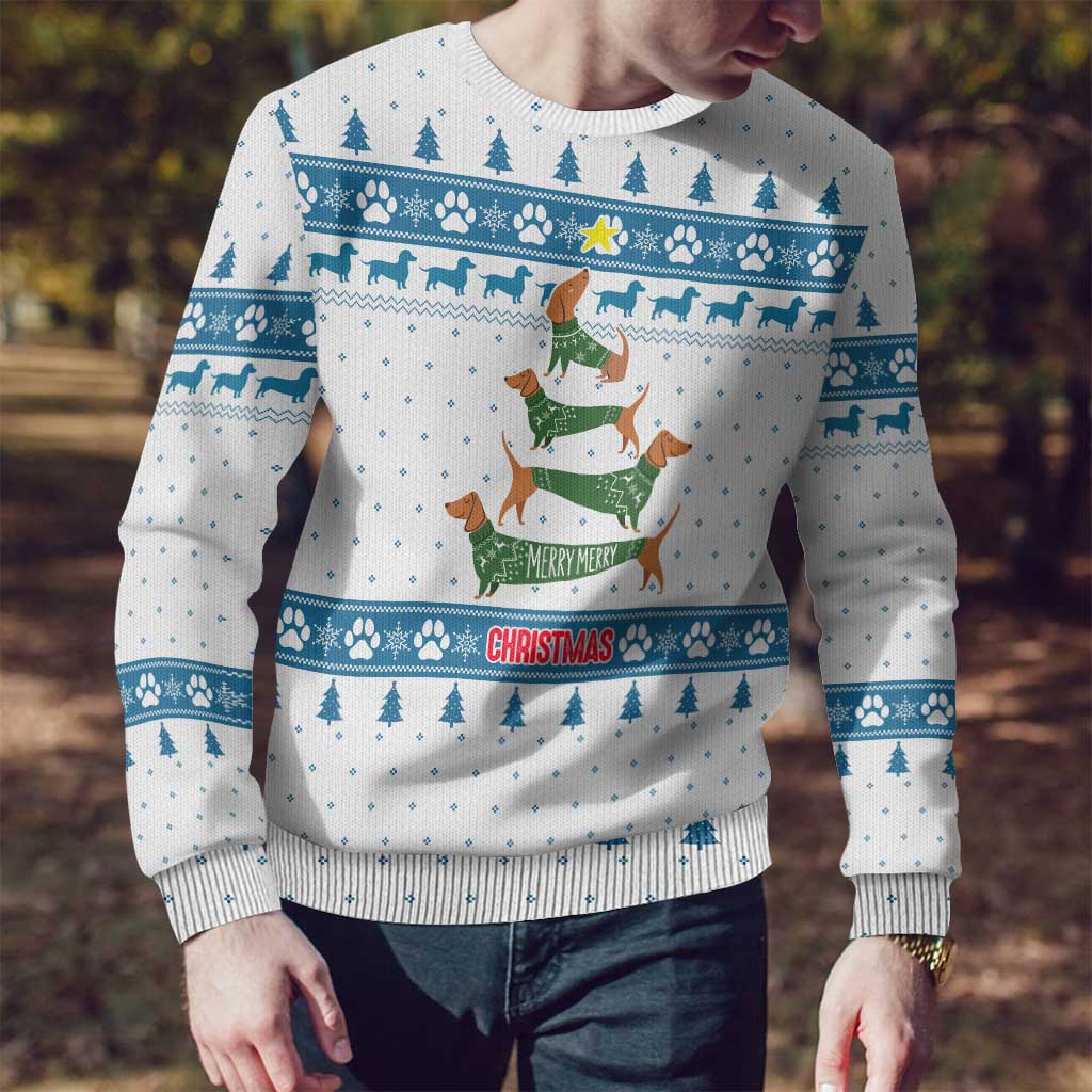 Dachshund Dog Tree Stack Ugly Christmas Sweater with Blue White Paw Print Pattern Design - Wonder Print Shop